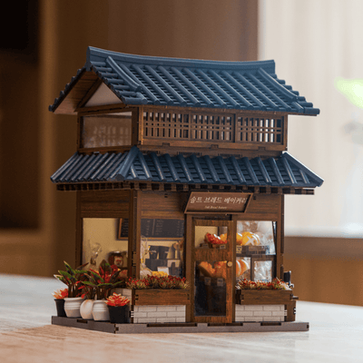 Handcrafted Korean bakery dollhouse kit inspired by Seoul Hanok village