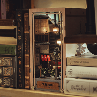 Kyoto Gion Book Nook at night with LED lights turned on