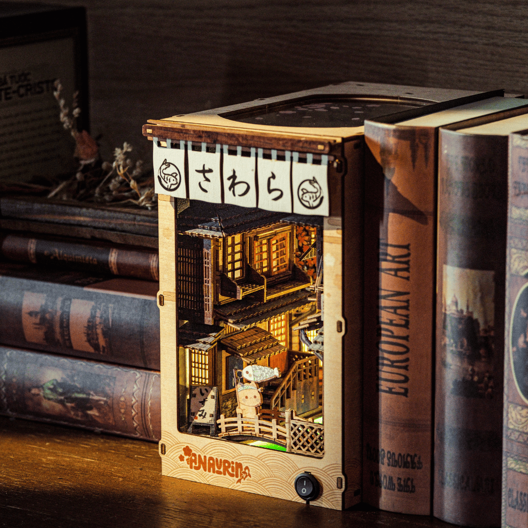 Fully assembled Sawara Town Book Nook displayed on a bookshelf