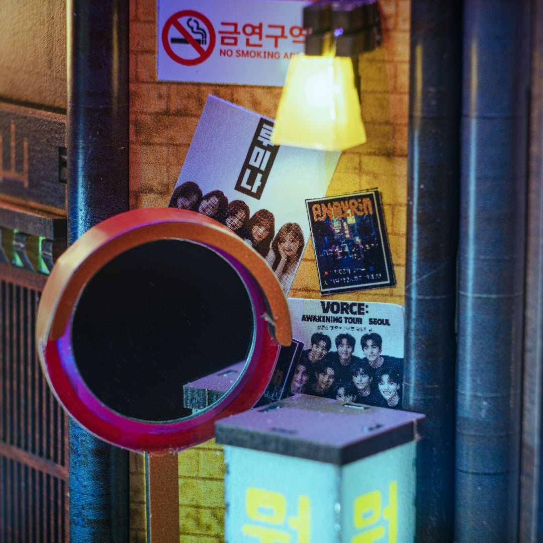 Interior close-up showing bar counter and shelves in the Seoul Hipjiro Book Nook Kit